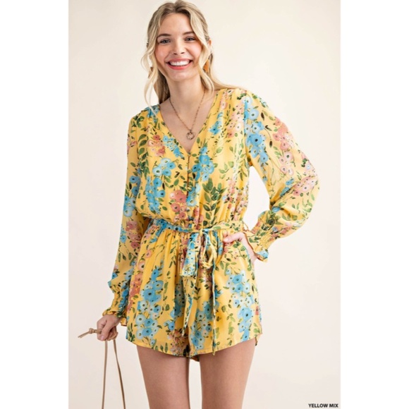 SOLD OUT Yellow Multi Floral Print Chiffon Button Pocket Women's Spring Summer - Picture 2 of 6